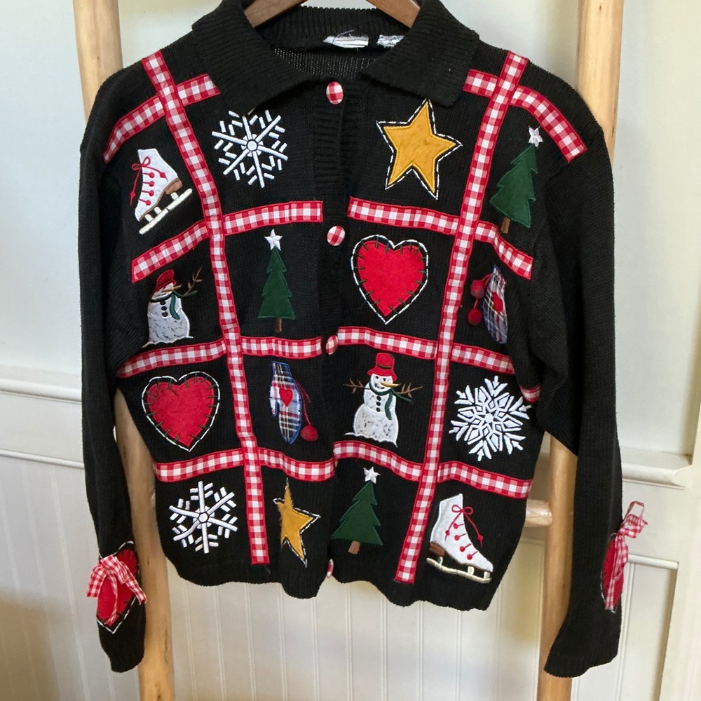 Vintage Christmas Cardigan Sweater Black Gingham Snowman Ice Skates Women Medium